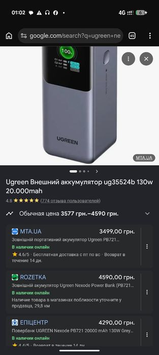 Повербанк UGREEN Nexode PB721 130W 20000 мАг  новий, запакований