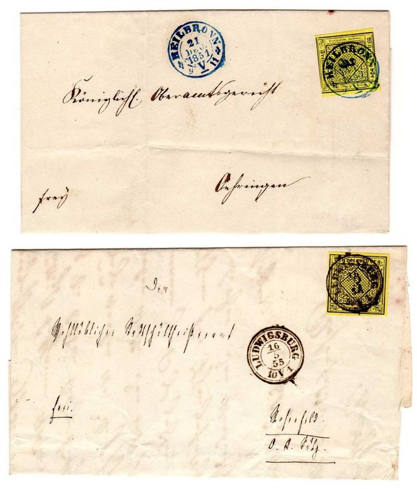 RARAS Cartas com os Primeiros Selos Postais do Estado Alemão de Wurttemberg 1851-1855