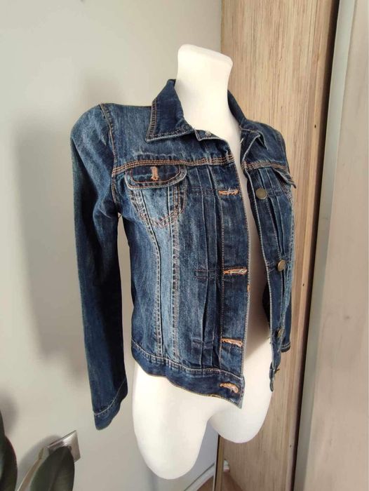Kurtka jeansowa damska granatowa, krótka, przetarcia, Mantaray, S/36