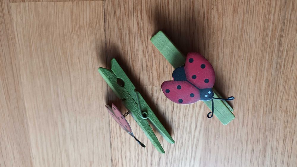 Klamerki ozdobne drewniane zielone z biedronkami 2 szt.