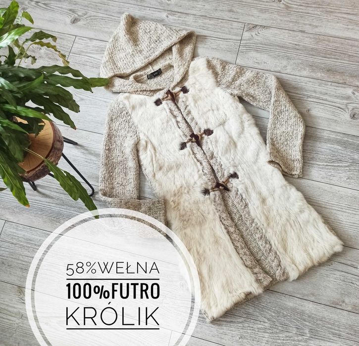 Kremowy wełniany sweter z futrem z królika, kardigan z kapturem, Zara