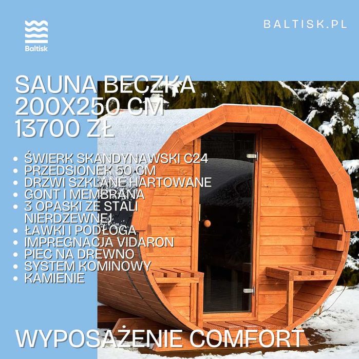 Sauna ogrodowa, Beczka Ruska, Bania 250cm - możliwość konfiguracji