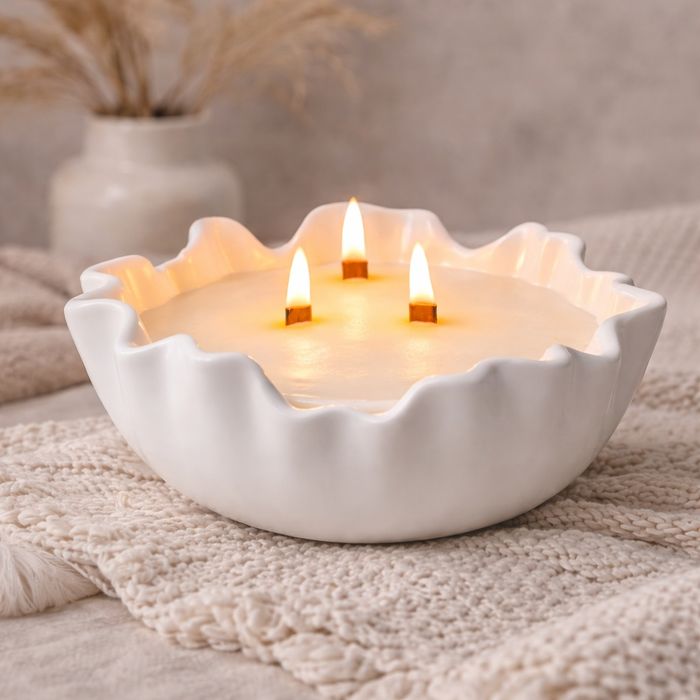 Duża świeca sojowa w ceramicznej misie – 3 drewniane knoty