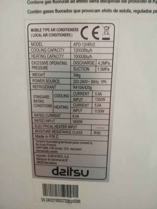 Ar condicionado portátil com função de desumidificador e ventilador da