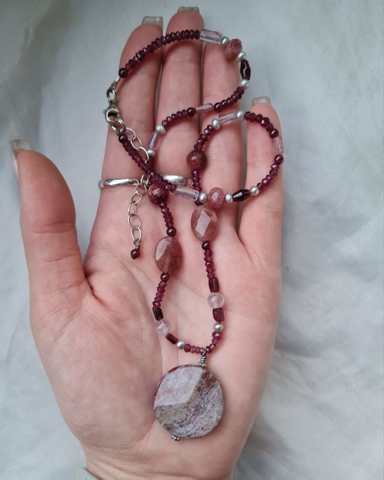 Подарок колье бусы розовые турмалины розовый кварц жемчуг серебро 925