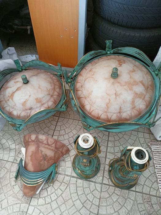 Vintage Green Lamp Set (Ceiling, Wall, and Table Lamps)
