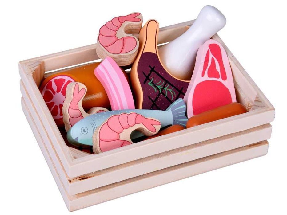 Drewniana SKRZYNKA Z WĘDLINAMI - zestaw zabawkowych mięs dla dzieci