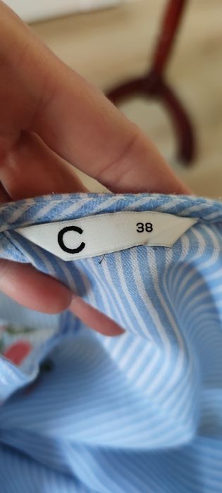 Bluzka top M L z rękawem 3/4 niebieska w białe paski haft w kwiaty