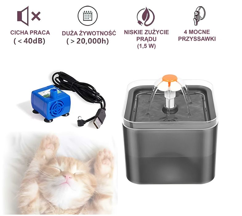 Fontanna Poidło dla Kota 2L Cicha Filtr+Zasilacz Czarna