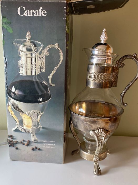 vintage Italian silver candle warming stand, glass coffee carafe