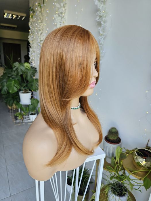 Długi topper tupet damski bursztyn 55 cm z grzywką Julia