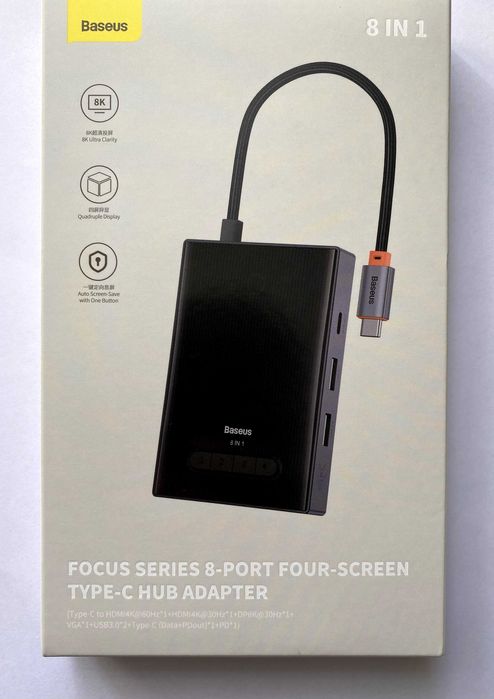 Док-станція USB хаб Baseus 8в1 на 4 монітори HDMI DP VGA (1500 грн)