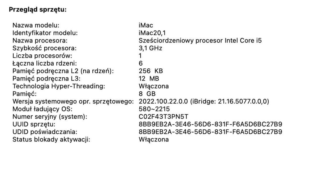 Apple iMac 27" Retina 5K (2020) – i5  – Stan idealny