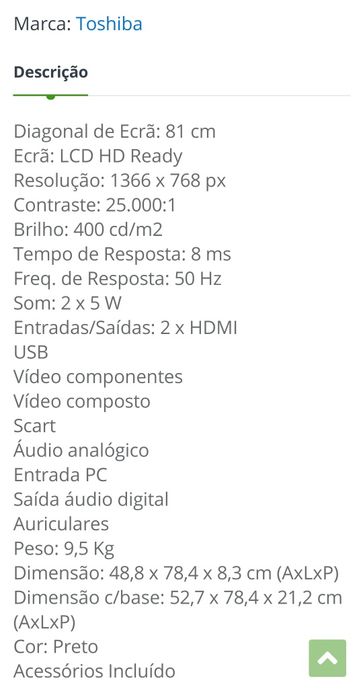 Toshiba LCD TV, 32", 81 cm64409318942209121