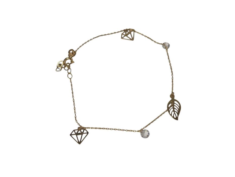 Złota Celebrytka Na Rękę Diamenty, Listek, Kamyki 1,12g 585 R.19