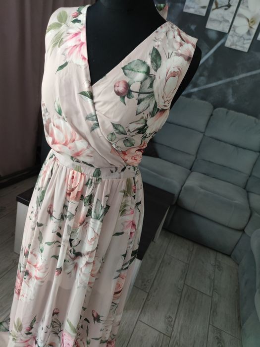 Długa maxi suknia sukienka wizytowa elegancka w kwiaty 40 l śliczna