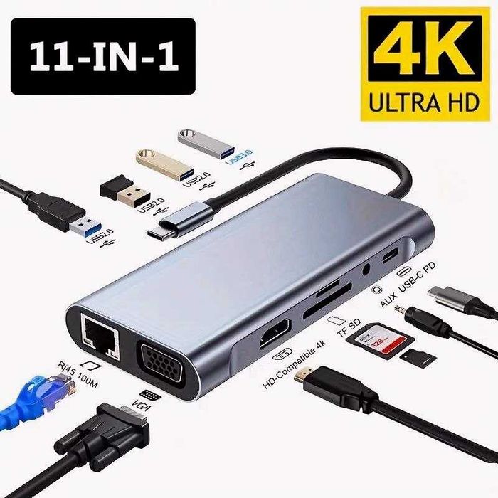 Универсальный хаб 11-в-1: 4K, USB 3.0, с гигабитным Ethernet и PD 100W
