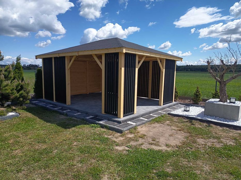 Nowoczesna altana 4x6 m, lamele, gont bitumiczny - producent