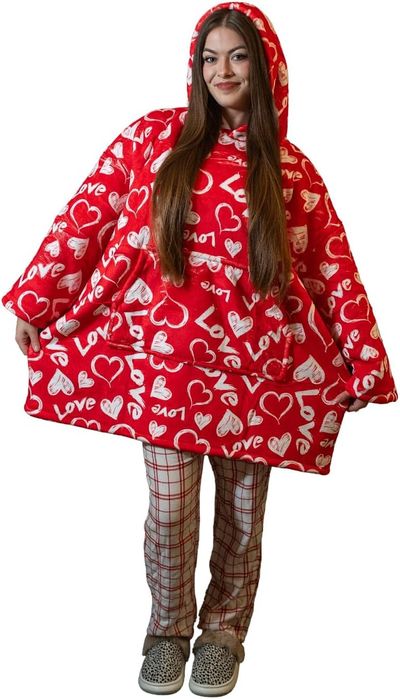 Kocobluza oversize polarowa z kapturem - 84x80 czerwona