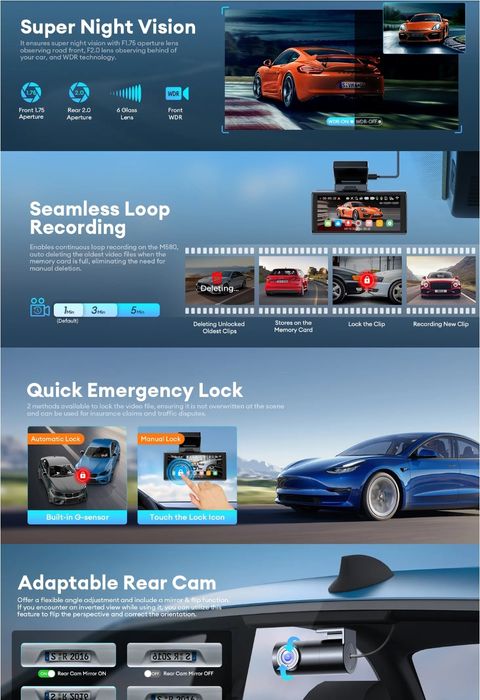 Kit 3 câmaras (frontal 5K traseira e cabine HD) azdome m580 + Cartão