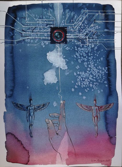 Aguarela original de Carlos Marques. Criação, Inteligência Artificial.