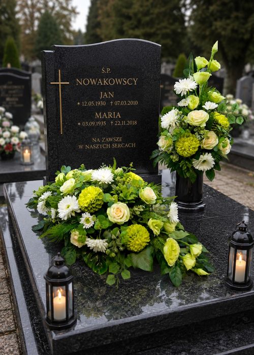 Piękny komplet na nagrobek: kompozycja plus bukiet na cmentarz