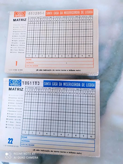 Antiguidades - Coleção de Boletins de Totobola do ano de 1970
