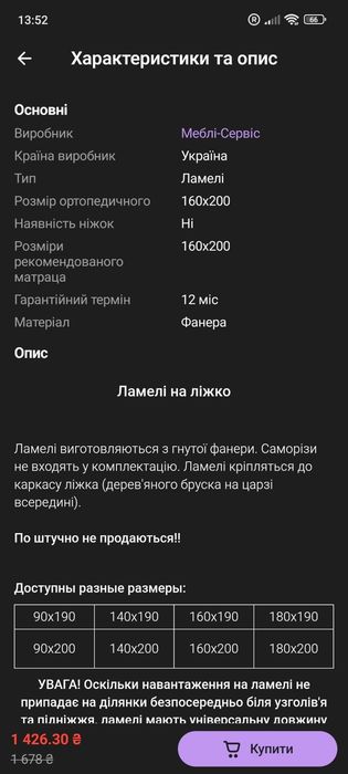 Ламели 160*200 см