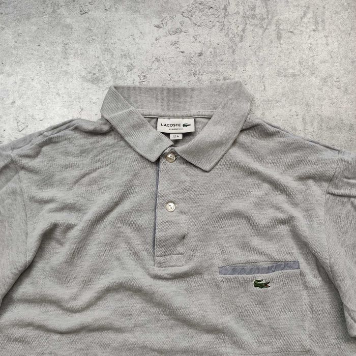 MĘSKA Koszulka Bawełna Elegancka PREMIUM Kieszonka Szara Lacoste Haft