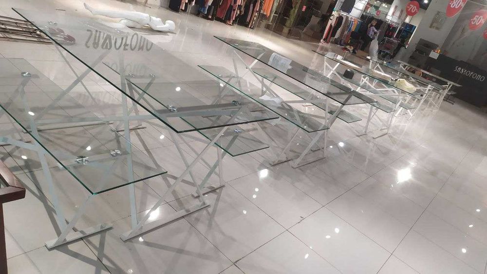 Комплект - Скляній стол + лавка (з металевою опорою)