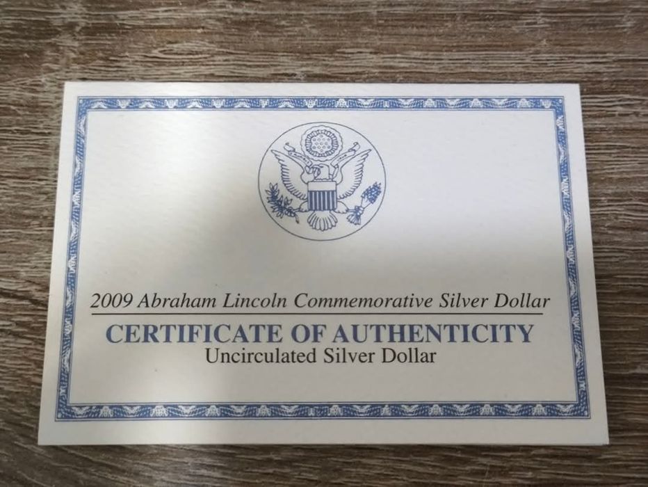 Срібний долар США Авраам Лінкольн 2009р. Сертифікат. Футляр.