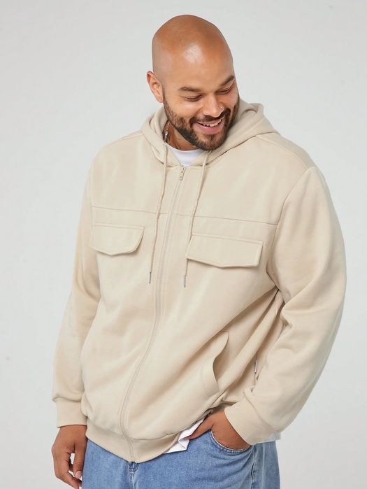 Bluza męska rozpinana beżowa z kapturem oversize kieszenie na zamek