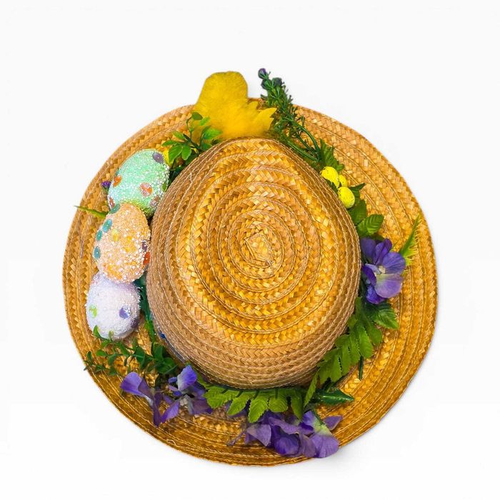Chapéu Decorativo Páscoa em Palha com Pintainho, Ovos e Flores