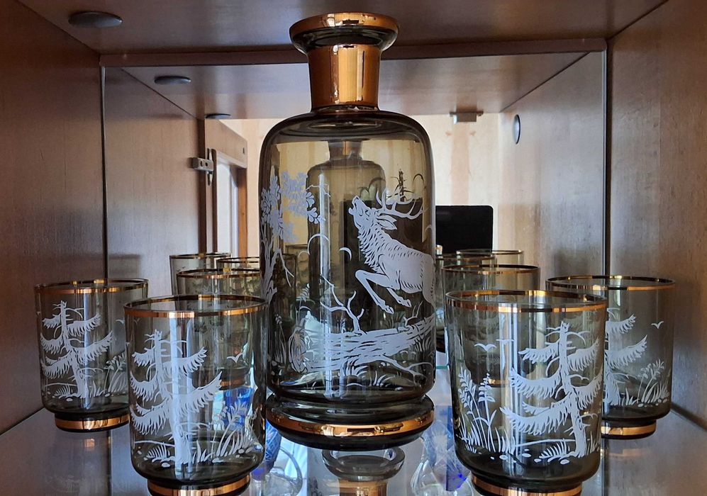 Набор для виски,вина,Bohemia,штоф,цветное стекло,винтаж,посуда,СССР.