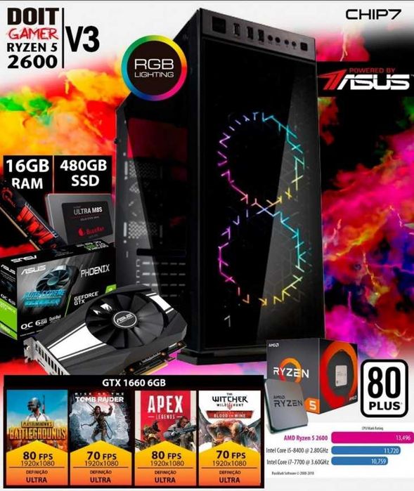 COMPUTADOR RYZEN 5 2600 / GTX 1660 / 480GB SSD / 1TB HDD / 16GB RAM