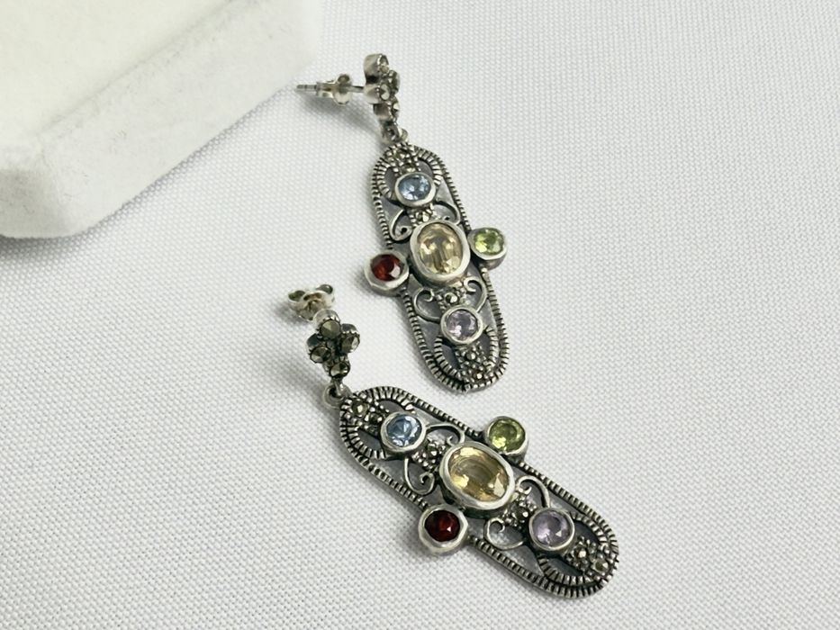 Срібні сережки 925-ї проби з цитрином, олівіном, гранатом та топазами