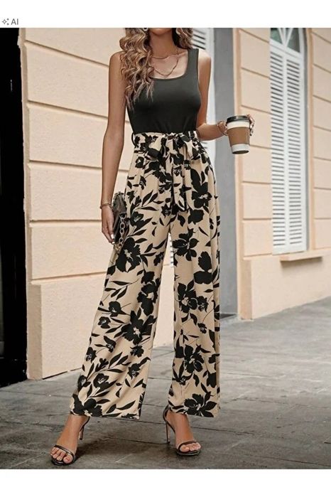 Beżowy kombinezon w kwiaty luźny w stylu boho l/xl 5ia