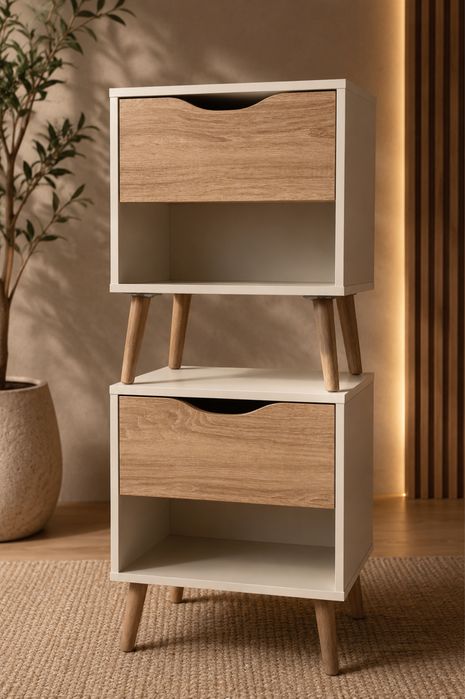 Conjunto de 2 Mesinhas de Cabeceira – Branco Creme e Madeira