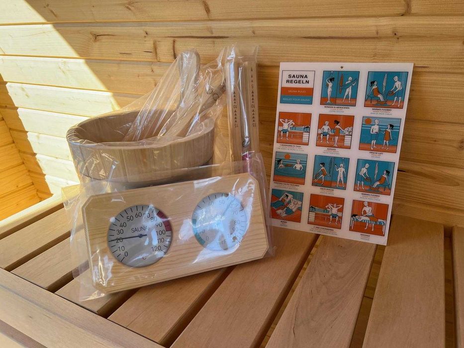 Sauna ogrodowa z piecem opalanym drewnem panorama ławeczka beczka 8 os