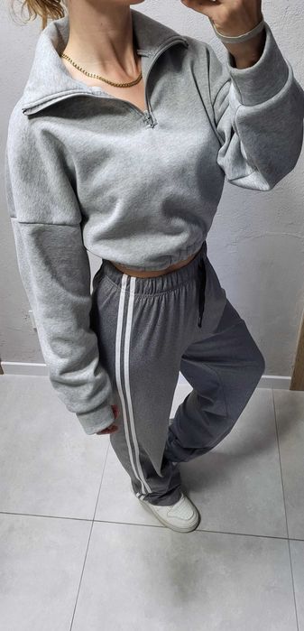 Bluza z długim rękawem oversize krótka jasnoszara