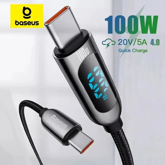 2метра! Кабель зарядки Baseus 100W Fast charge TYPE-C с дисплеем.