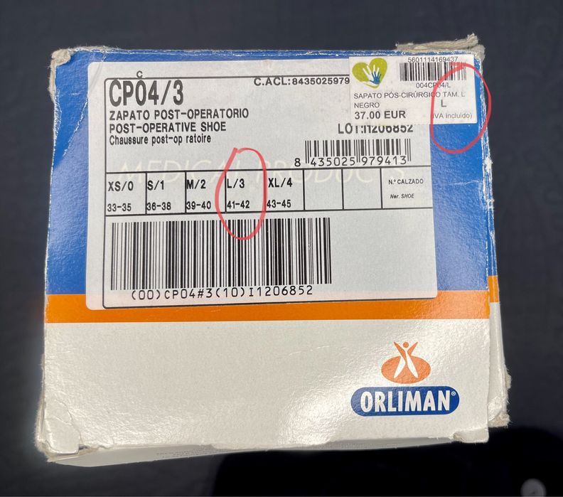 Sapato pós cirúrgico tamanho L (41/42)