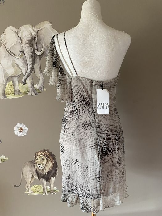 Nowa sukienka Zara one shoulder snake print falbany marszczenia M