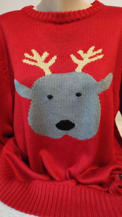 Sweter świąteczny z motywem renifera czerwony z długim rękawem