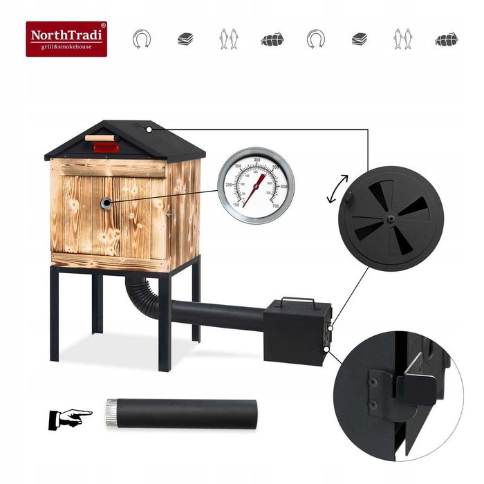 Wędzarnia Ogrodowa Domowa Drewniana Zestaw Palenisko Met. Dach Wędzok