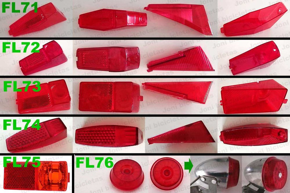 Aros, vidros, espelhos e casquilhos de faróis e farolins de bicicleta