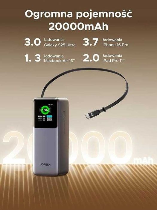 UGREEN Nexode Pro Powerbank 20000mAh 165W z 65cm wbudowanym kablem USB-C, USZKODZONY