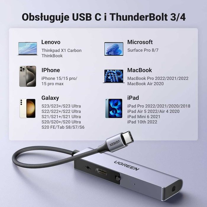 Przejściówka adapter USB C na gniazdo słuchawkowe 3,5mm UGREEN  PD 60W