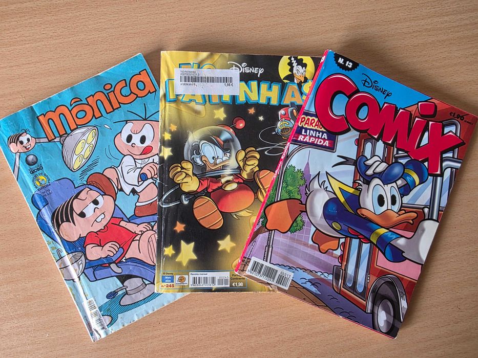 3 revistas de Banda-desenhada: Comix (nº13), da Disney; Tio Patinhas (nº245), da Disney; Mônica (nº215)