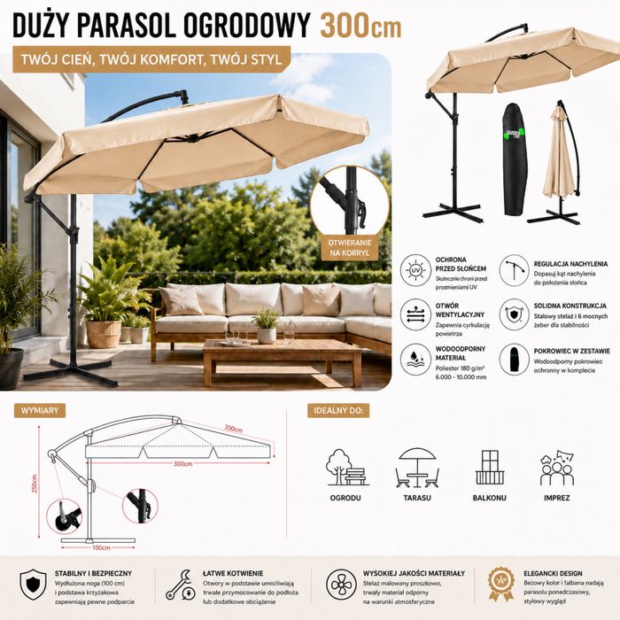 NOWY Duży Parasol ogrodowy Beżowy 300 cm z korbą + Pokrowiec